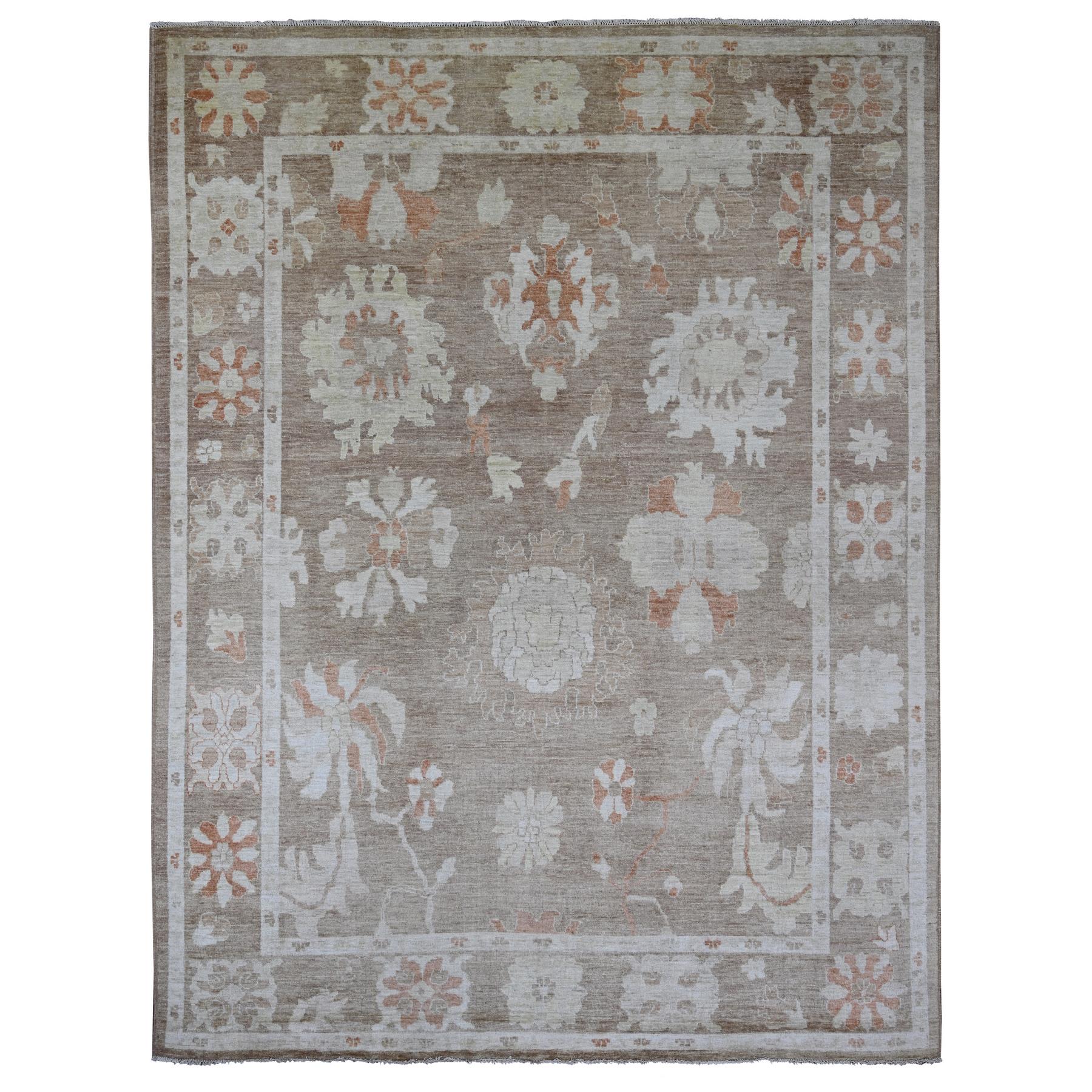 Chocolate Brown, Hand Knotted, Afghan Angora Oushak with Large Leaf Design, 100% Wool, Vegetable Dyes, Oriental Rug